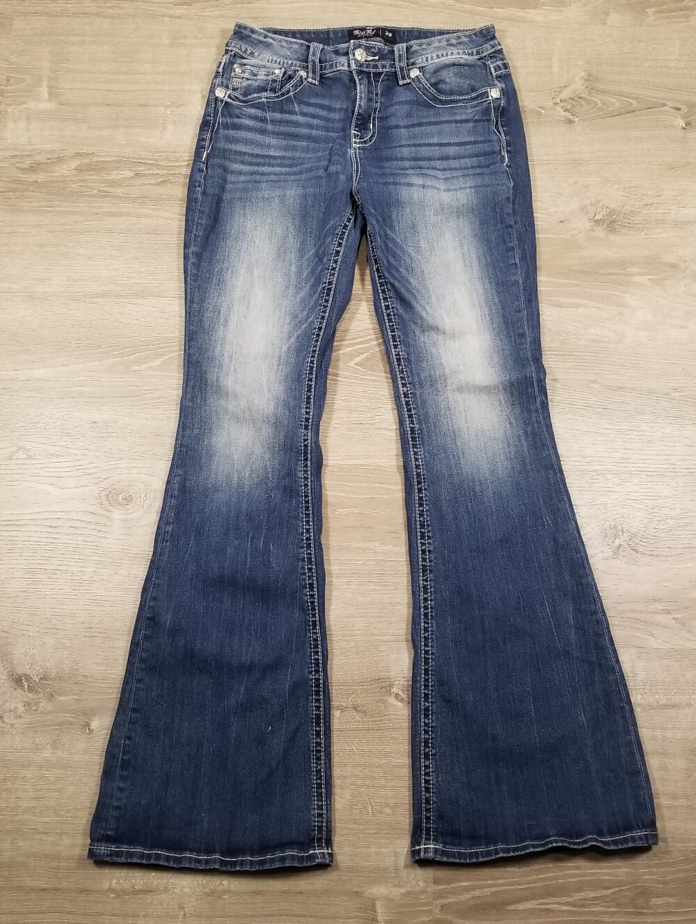 Miss Me Mid Rise Flare Jeans Womens Size 29x34 Distressed Medium Wash Stretch